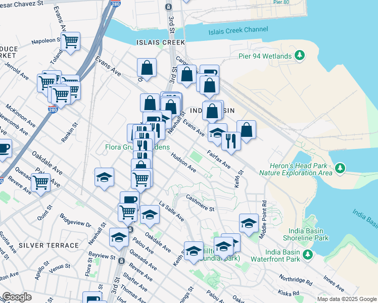 map of restaurants, bars, coffee shops, grocery stores, and more near Galvez Avenue in San Francisco