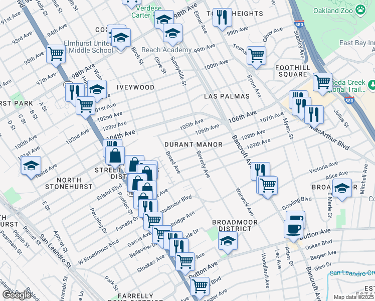 map of restaurants, bars, coffee shops, grocery stores, and more near 1926 107th Avenue in Oakland