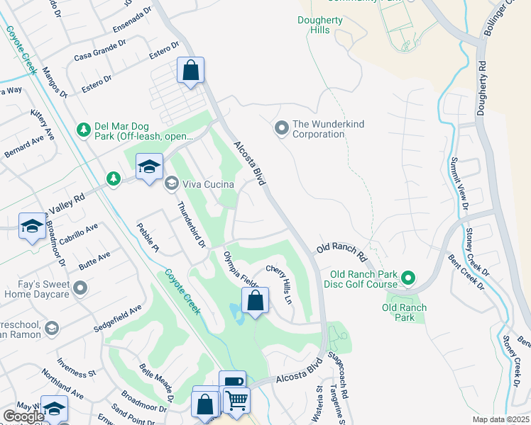 map of restaurants, bars, coffee shops, grocery stores, and more near 9591 Alcosta Boulevard in San Ramon