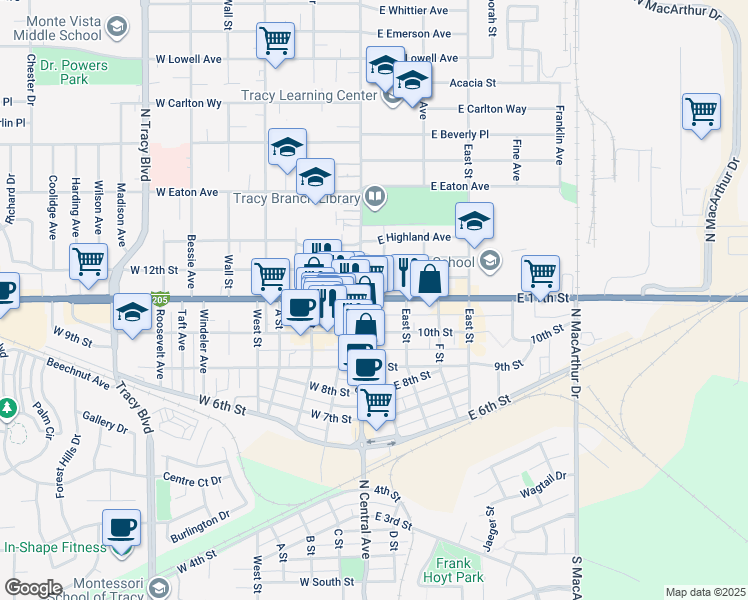 map of restaurants, bars, coffee shops, grocery stores, and more near 47 West 11th Street in Tracy