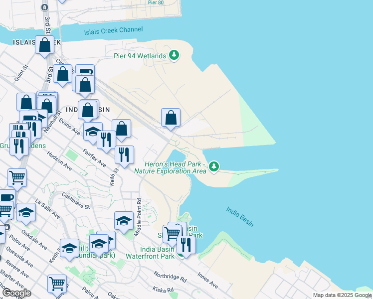 map of restaurants, bars, coffee shops, grocery stores, and more near 32 Jennings St in San Francisco