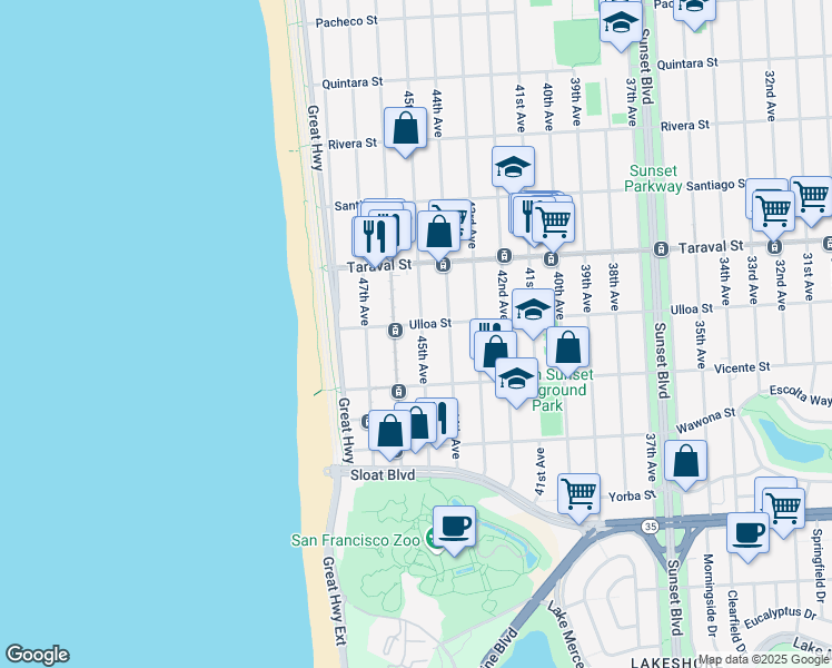 map of restaurants, bars, coffee shops, grocery stores, and more near 2495 45th Avenue in San Francisco