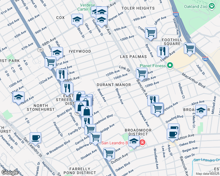map of restaurants, bars, coffee shops, grocery stores, and more near 1926 107th Avenue in Oakland