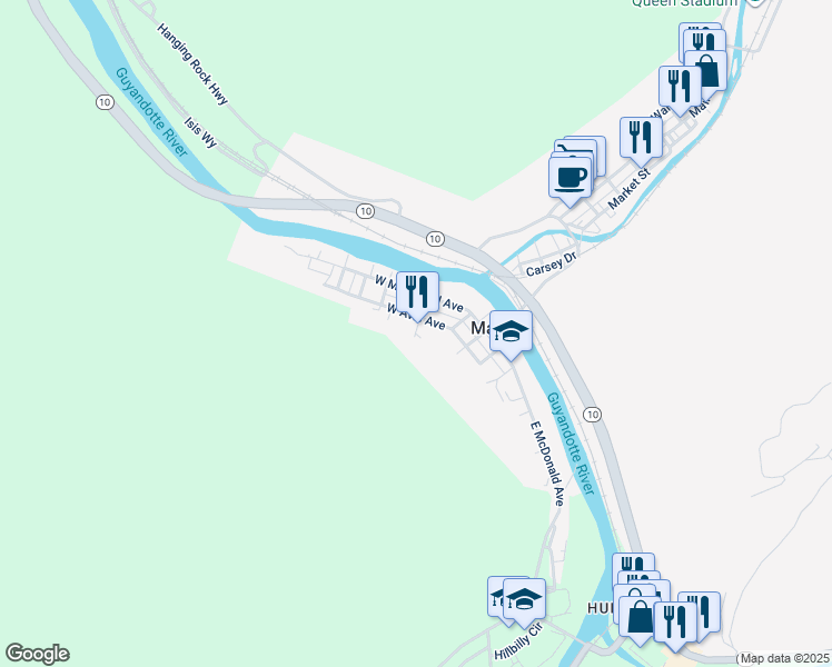 map of restaurants, bars, coffee shops, grocery stores, and more near 109 W 2nd St in Man