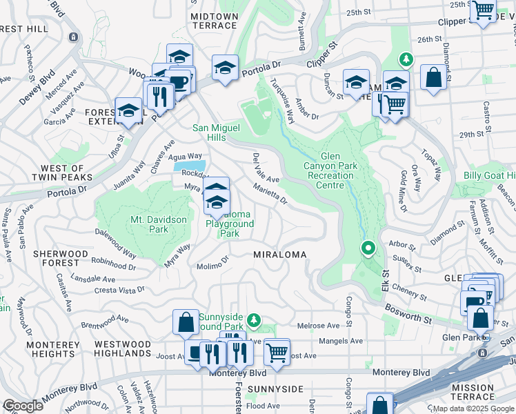 map of restaurants, bars, coffee shops, grocery stores, and more near 449 Teresita Boulevard in San Francisco