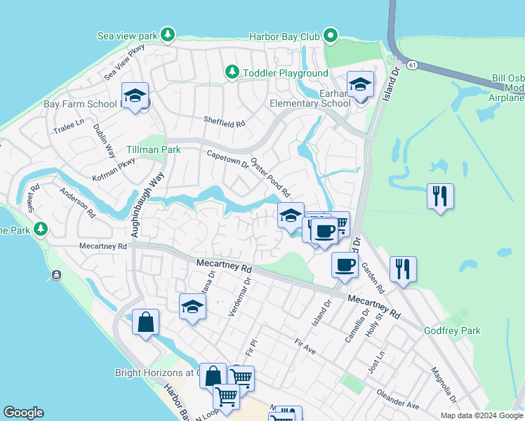 map of restaurants, bars, coffee shops, grocery stores, and more near 705 Ironwood Road in Alameda