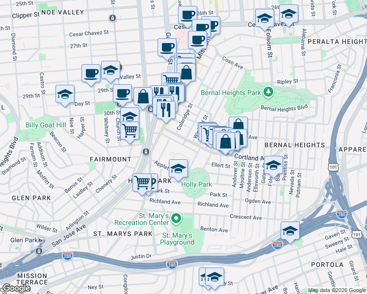map of restaurants, bars, coffee shops, grocery stores, and more near 102 Santa Marina Street in San Francisco