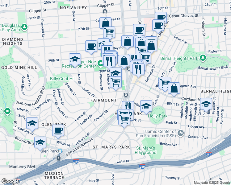 map of restaurants, bars, coffee shops, grocery stores, and more near 100 Chenery Street in San Francisco