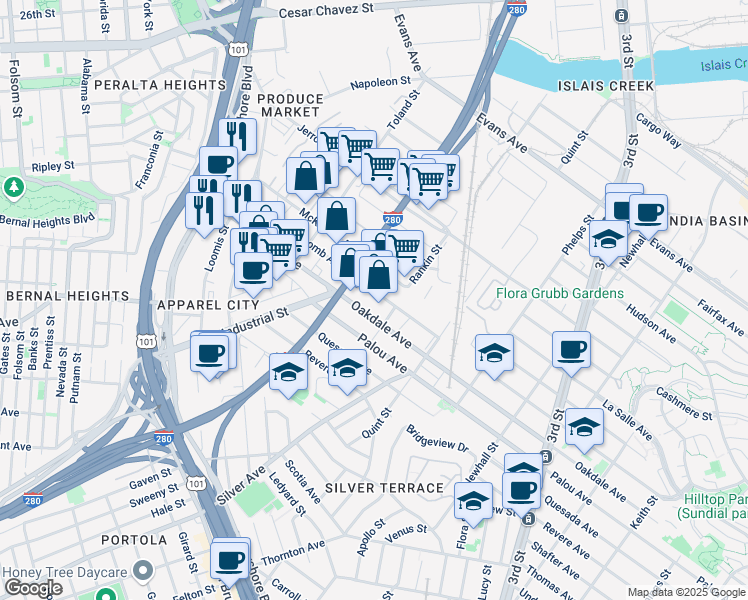 map of restaurants, bars, coffee shops, grocery stores, and more near 2065 Newcomb Avenue in San Francisco