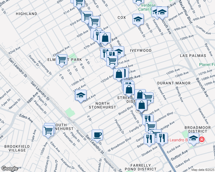 map of restaurants, bars, coffee shops, grocery stores, and more near 1339 103rd Avenue in Oakland