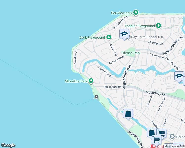 map of restaurants, bars, coffee shops, grocery stores, and more near 33 McMurty Court in Alameda