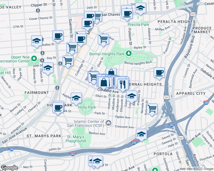 map of restaurants, bars, coffee shops, grocery stores, and more near 228 Andover Street in San Francisco