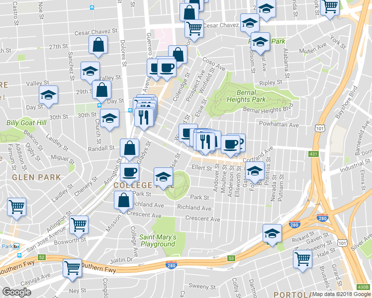 map of restaurants, bars, coffee shops, grocery stores, and more near 201 Cortland Avenue in San Francisco