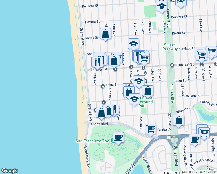 map of restaurants, bars, coffee shops, grocery stores, and more near 2495 45th Avenue in San Francisco