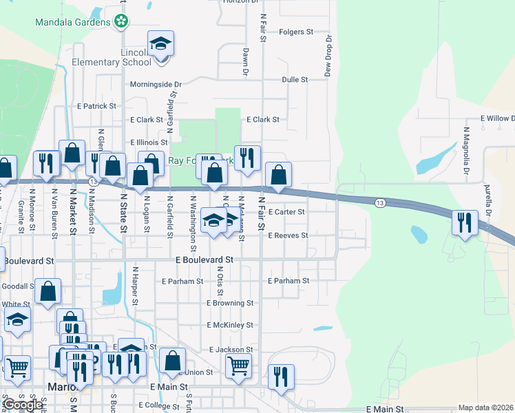 map of restaurants, bars, coffee shops, grocery stores, and more near 1107 North Fair Street in Marion