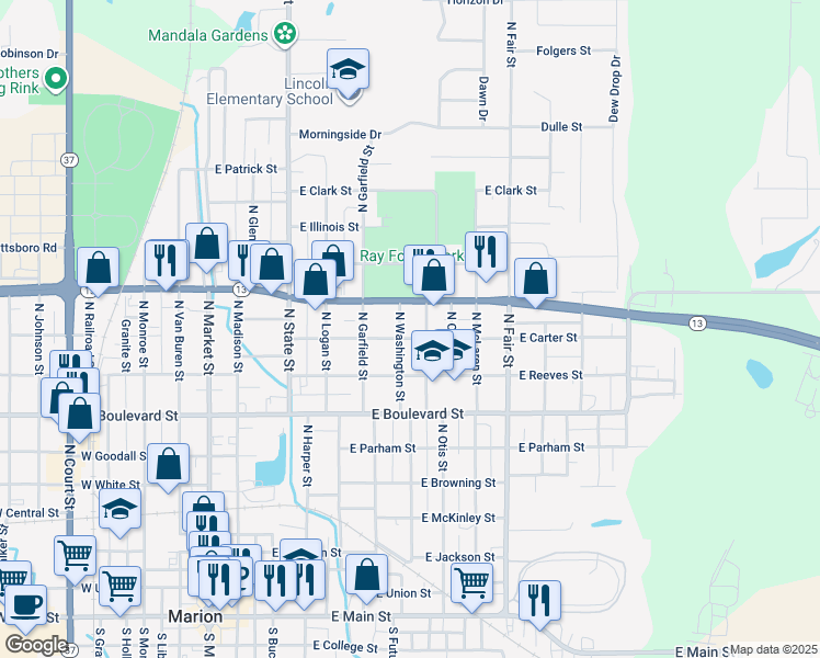 map of restaurants, bars, coffee shops, grocery stores, and more near 1100-1198 N Washington St in Marion