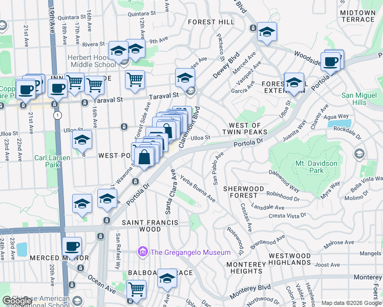 map of restaurants, bars, coffee shops, grocery stores, and more near 1332 Portola Drive in San Francisco