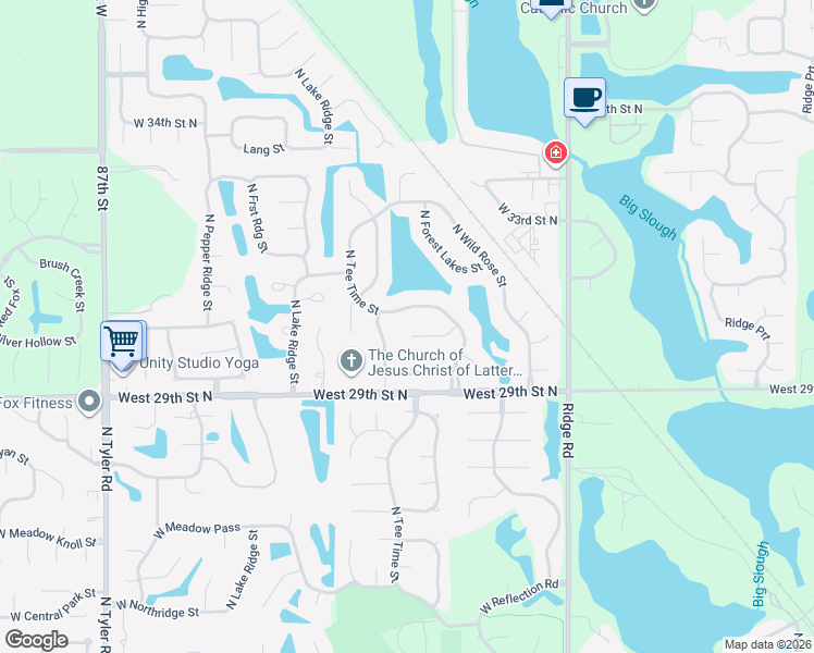 map of restaurants, bars, coffee shops, grocery stores, and more near 7707 West Shadow Lakes Street in Wichita