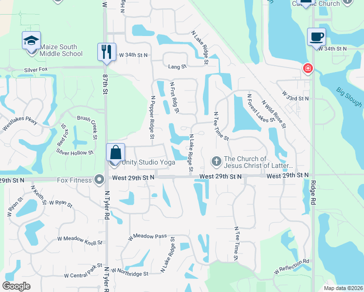 map of restaurants, bars, coffee shops, grocery stores, and more near 3110 N Pepper Ridge Ct in Wichita