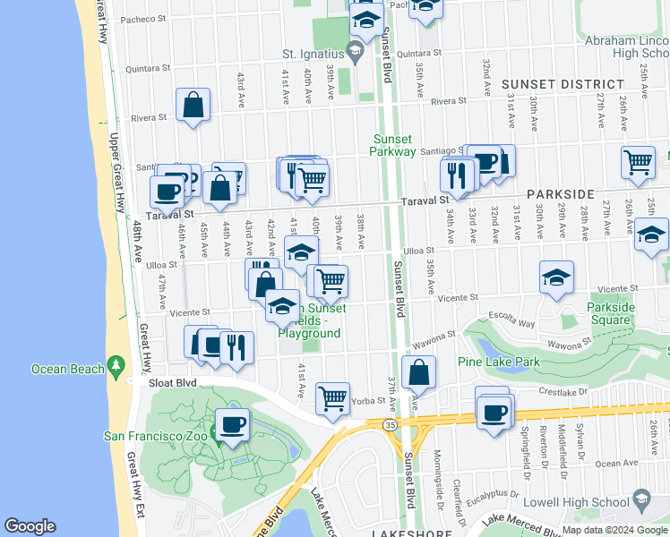 map of restaurants, bars, coffee shops, grocery stores, and more near 2523 39th Avenue in San Francisco
