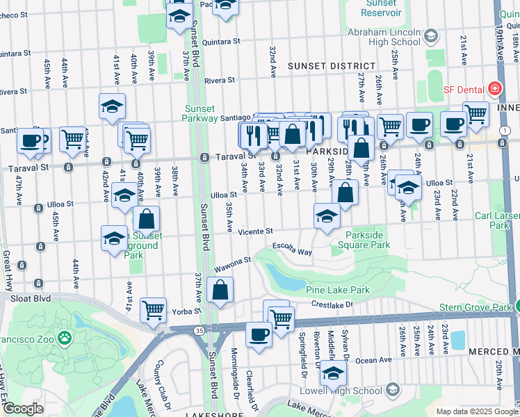 map of restaurants, bars, coffee shops, grocery stores, and more near 2539 33rd Avenue in San Francisco
