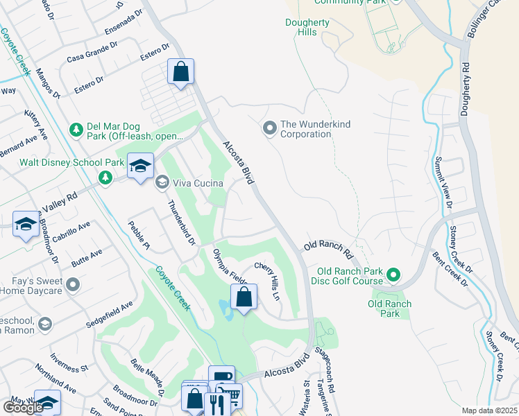 map of restaurants, bars, coffee shops, grocery stores, and more near 9591 Alcosta Boulevard in San Ramon