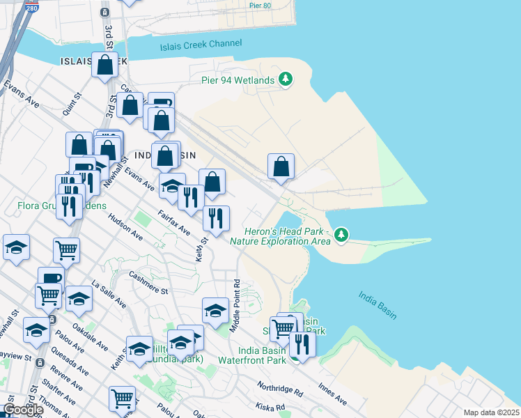 map of restaurants, bars, coffee shops, grocery stores, and more near 1 Newhall Street in San Francisco