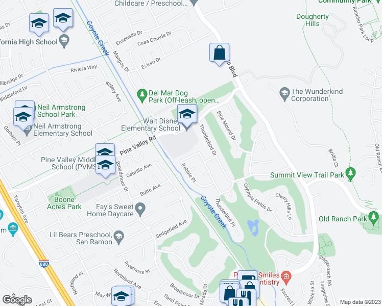 map of restaurants, bars, coffee shops, grocery stores, and more near 132 Pebble Place in San Ramon