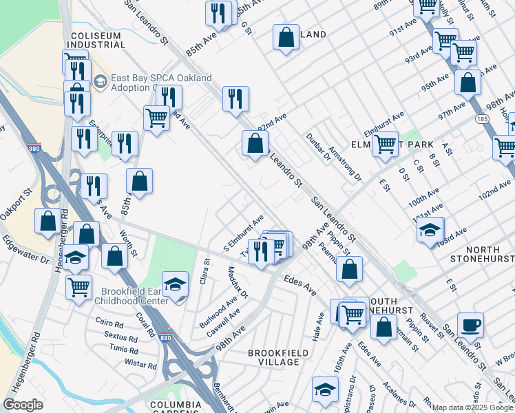 map of restaurants, bars, coffee shops, grocery stores, and more near 5 Railroad Avenue in Oakland