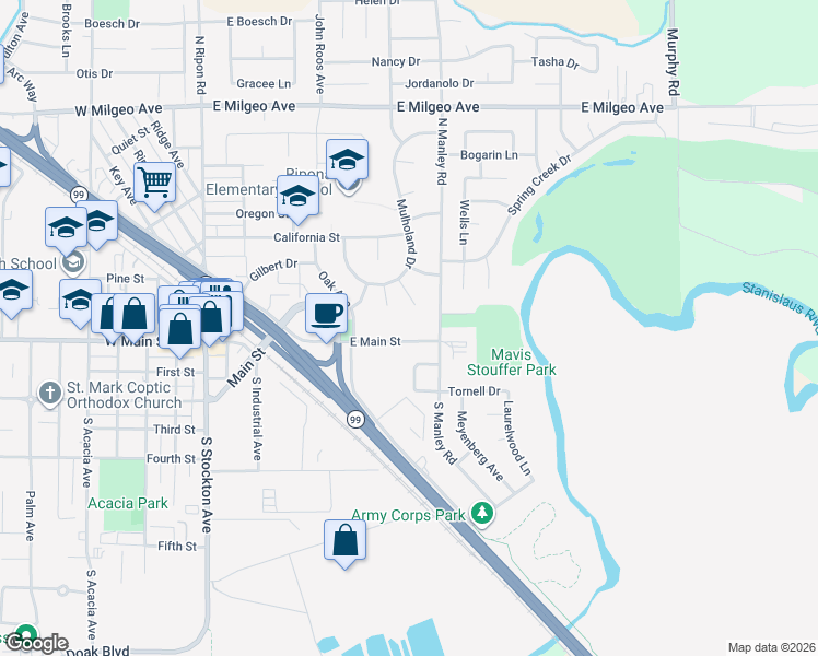 map of restaurants, bars, coffee shops, grocery stores, and more near 709 East Main Street in Ripon