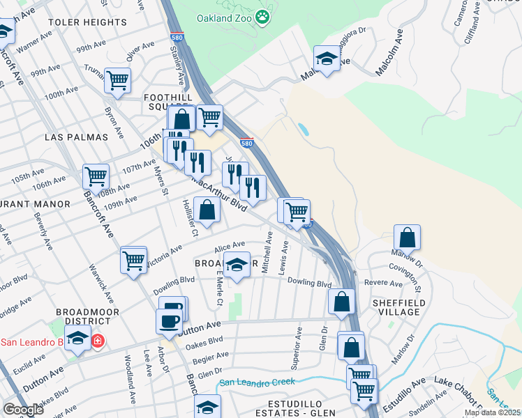 map of restaurants, bars, coffee shops, grocery stores, and more near 1175 Westbay Avenue in San Leandro
