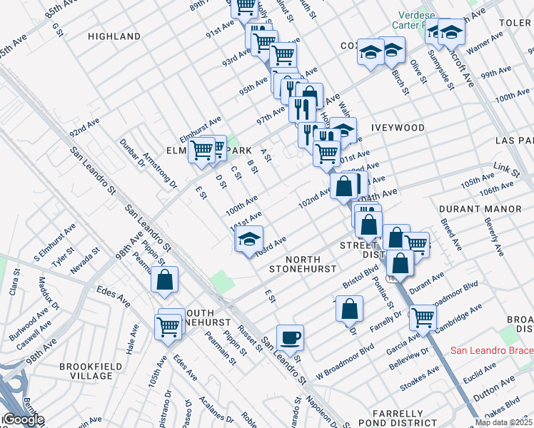 map of restaurants, bars, coffee shops, grocery stores, and more near 1228 101st Avenue in Oakland