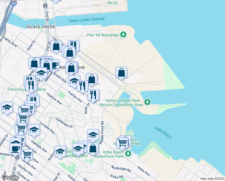 map of restaurants, bars, coffee shops, grocery stores, and more near 101 Cargo Way in San Francisco