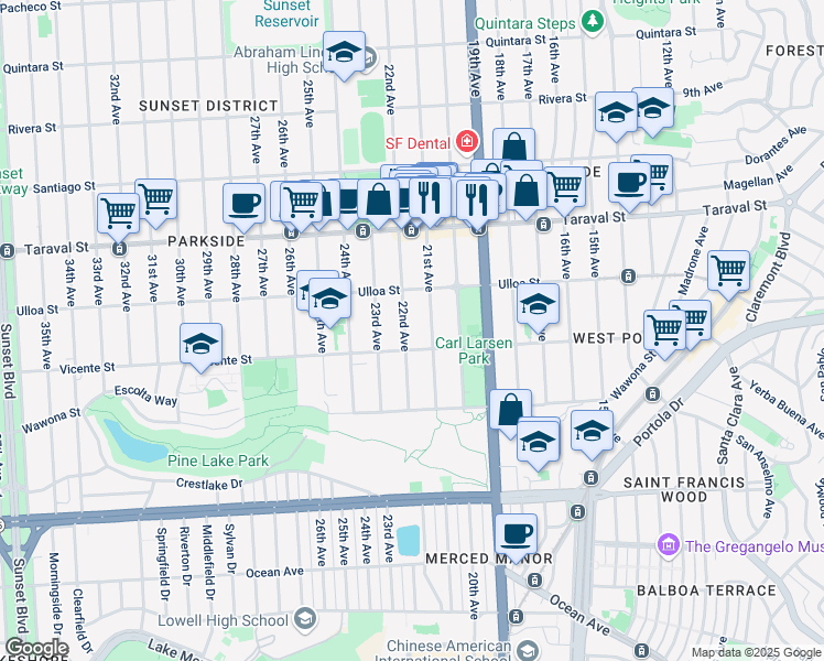 map of restaurants, bars, coffee shops, grocery stores, and more near 2557 21st Avenue in San Francisco