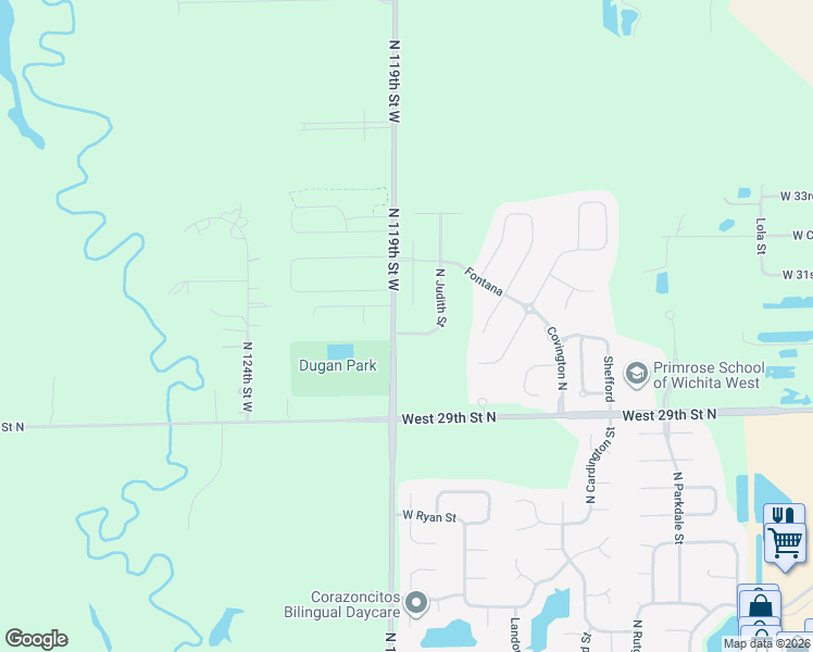 map of restaurants, bars, coffee shops, grocery stores, and more near 3131 North 119th Street West in Wichita