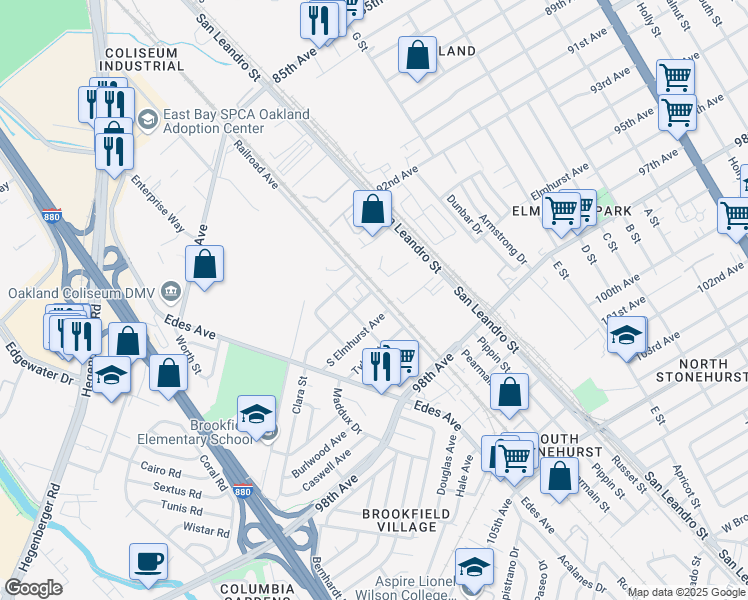 map of restaurants, bars, coffee shops, grocery stores, and more near 748 Clara Street in Oakland