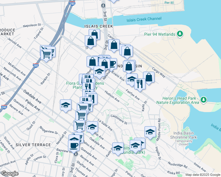 map of restaurants, bars, coffee shops, grocery stores, and more near 1525 Galvez Avenue in San Francisco