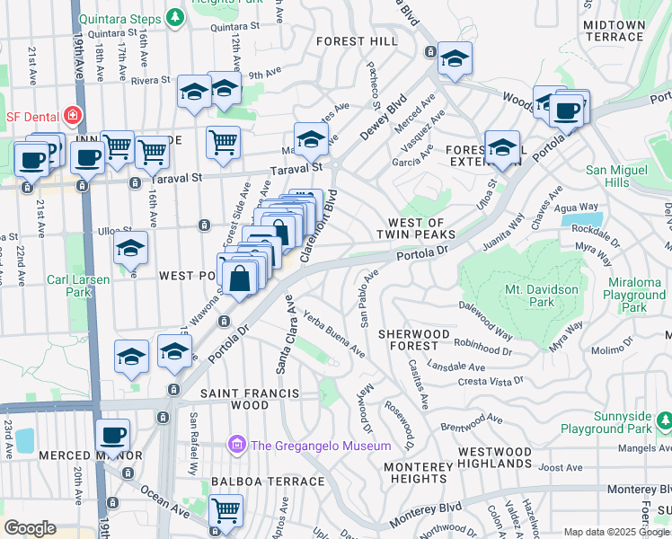 map of restaurants, bars, coffee shops, grocery stores, and more near 2 Santa Paula Avenue in San Francisco