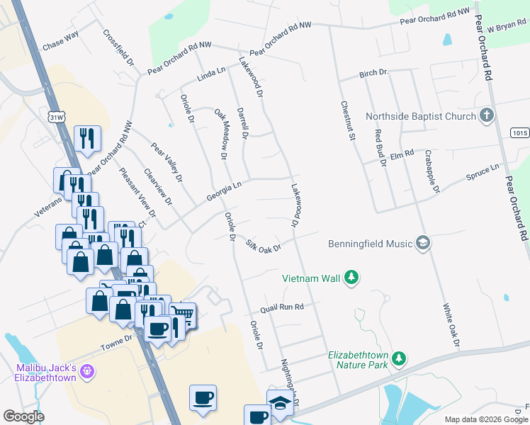 map of restaurants, bars, coffee shops, grocery stores, and more near 110 Brendenwood Court in Elizabethtown