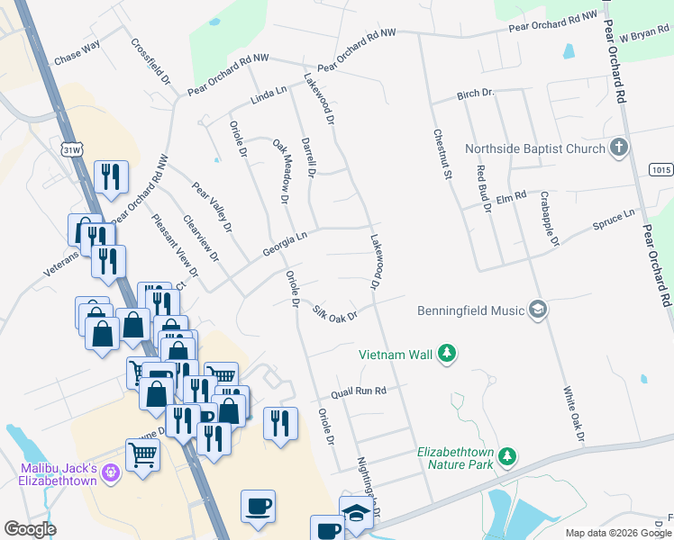 map of restaurants, bars, coffee shops, grocery stores, and more near 110 Brendenwood Court in Elizabethtown