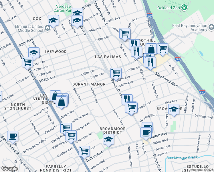 map of restaurants, bars, coffee shops, grocery stores, and more near 2134 108th Avenue in Oakland