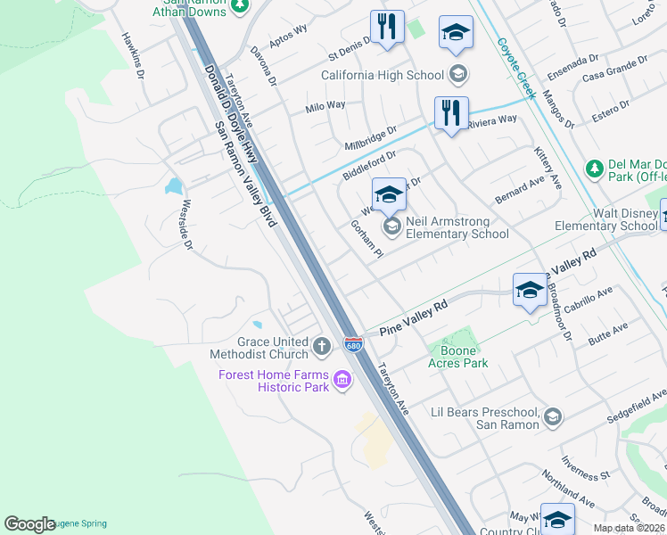 map of restaurants, bars, coffee shops, grocery stores, and more near 9750 Tareyton Avenue in San Ramon