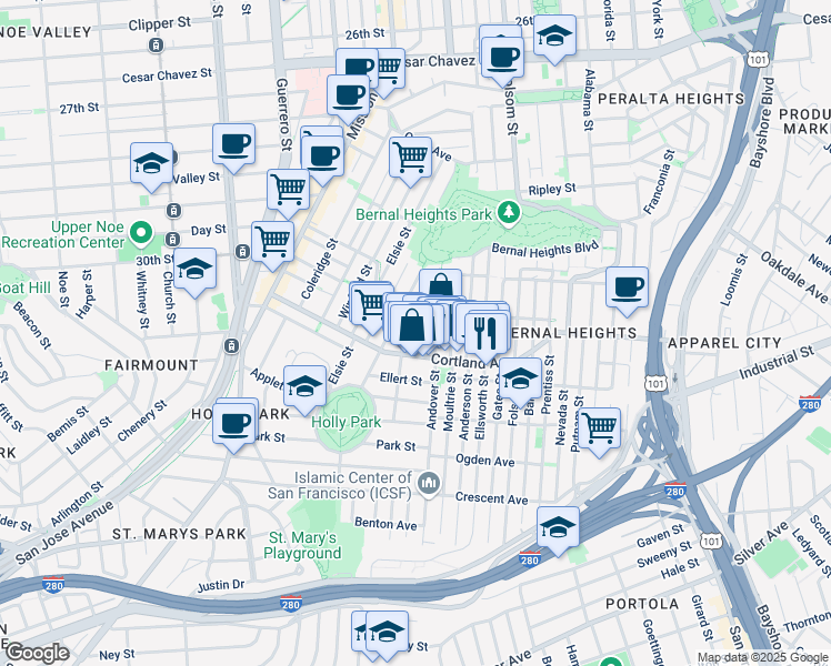 map of restaurants, bars, coffee shops, grocery stores, and more near 152 Wool Street in San Francisco