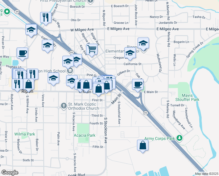 map of restaurants, bars, coffee shops, grocery stores, and more near 150 South Stockton Avenue in Ripon