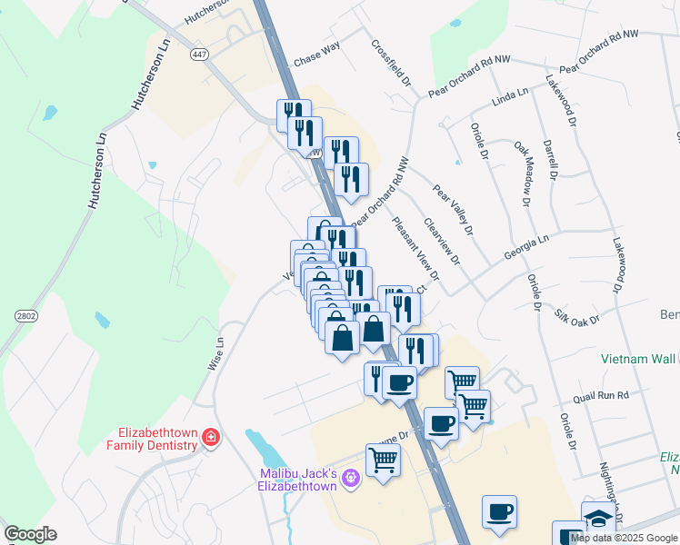 map of restaurants, bars, coffee shops, grocery stores, and more near 2030 North Dixie Highway in Elizabethtown
