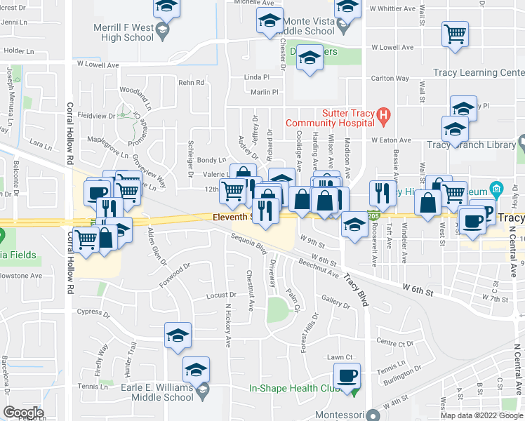 map of restaurants, bars, coffee shops, grocery stores, and more near 1170 West 11th Street in Tracy