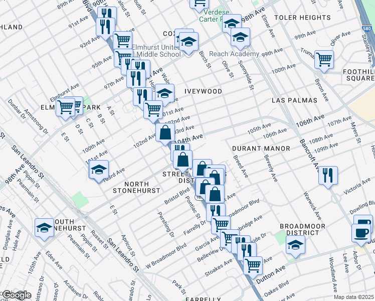 map of restaurants, bars, coffee shops, grocery stores, and more near 1439 105th Avenue in Oakland