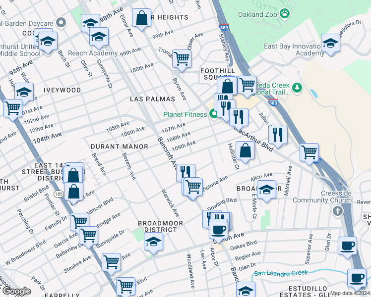 map of restaurants, bars, coffee shops, grocery stores, and more near 2314 109th Avenue in Oakland