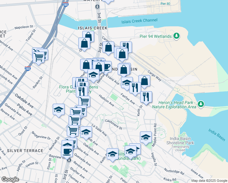 map of restaurants, bars, coffee shops, grocery stores, and more near 1395 Fairfax Avenue in San Francisco