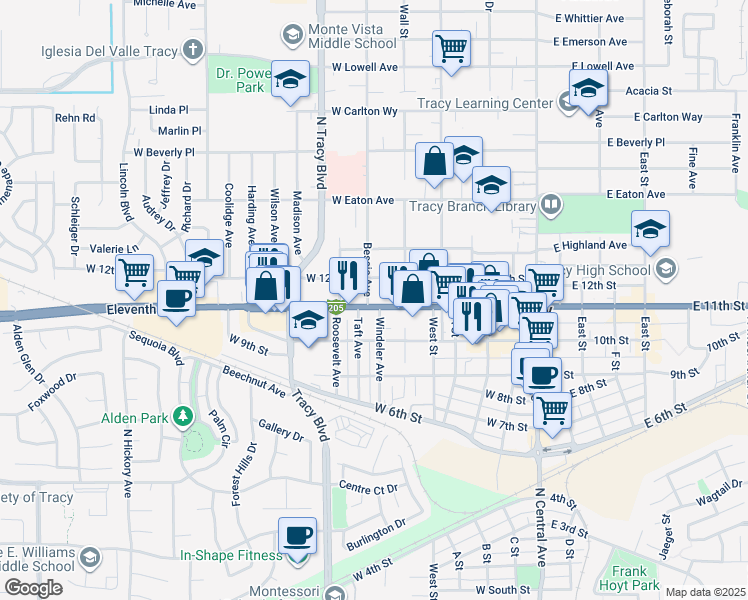 map of restaurants, bars, coffee shops, grocery stores, and more near 445 Eleventh Street in Tracy